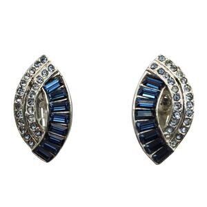 1960s Oval Blue Rhinestone Clip Earrings Silver Tone Baguettes Retro Mid Century